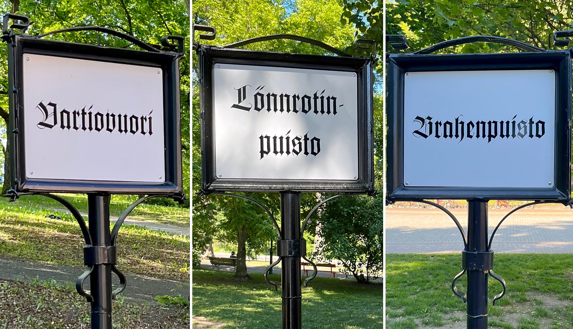 Tre bilder på skyltar där parknamnen står på finska.