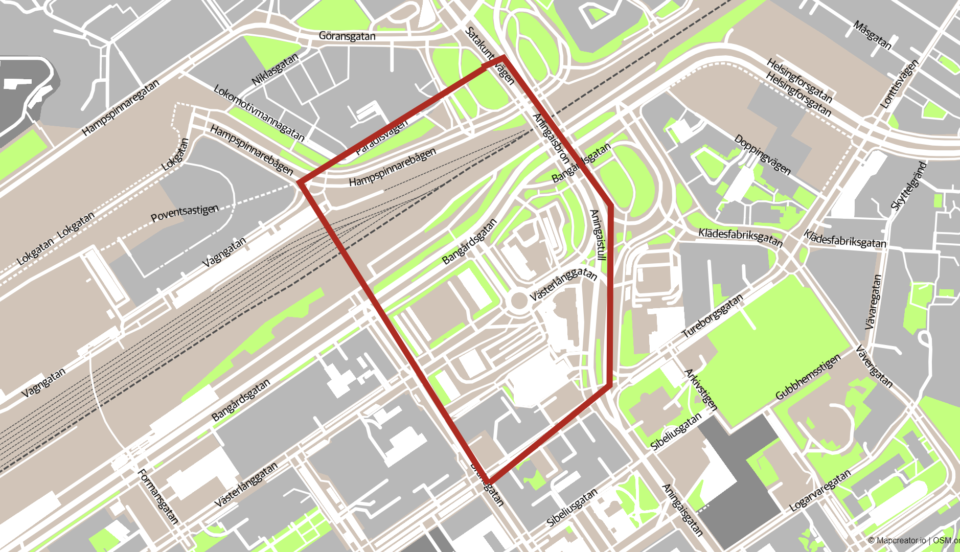 karta med område markerat med röd linje