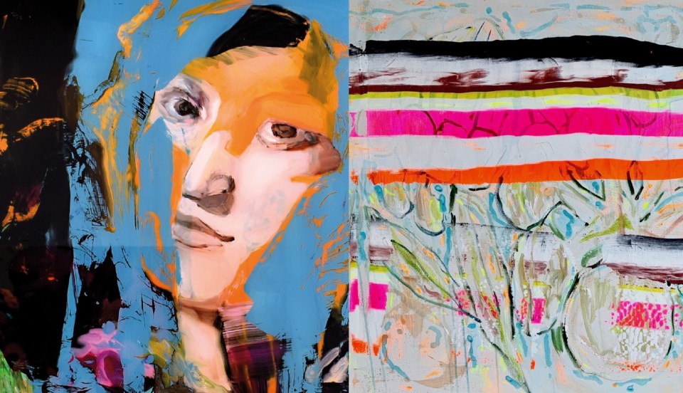 Collage av två färggranna konstverk
