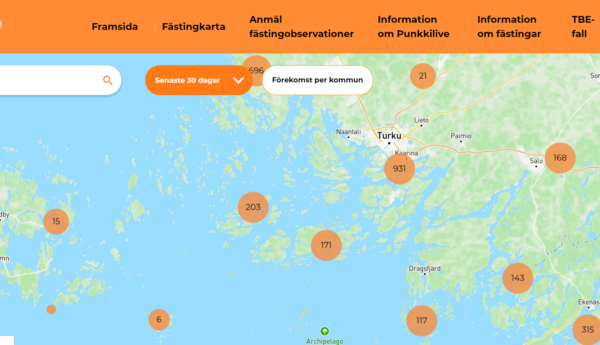 Bild på en karta av Åboregionen med prickar som har siffror i sig.