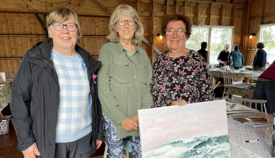 tre damer vid en havsmålning