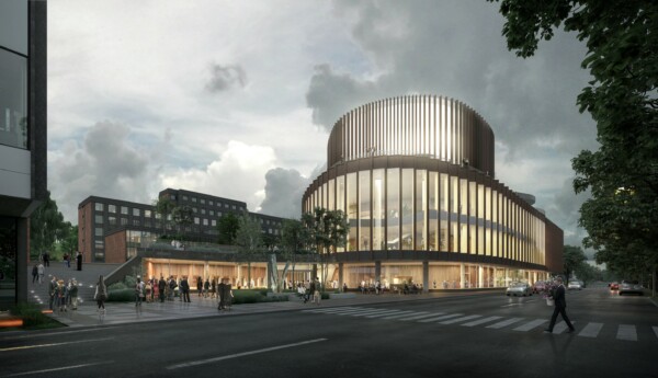 visionsbild av rund ny konserthusbyggnad i stadsmiljö med mycket lampor inuti