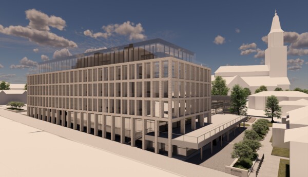 skiss på en byggnad som skall byggas på Åbo Akademis campus i Åbo