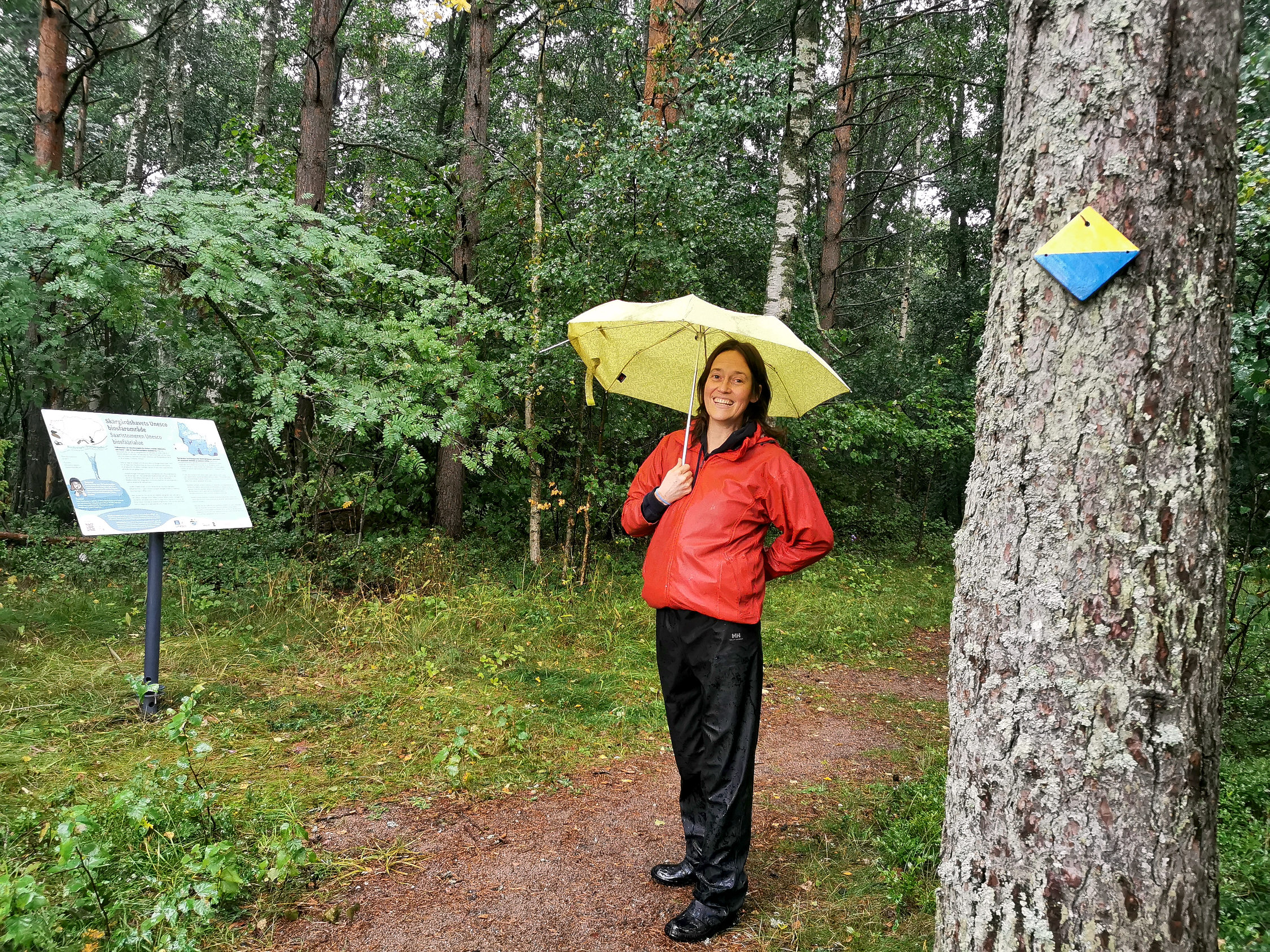 Kvinna med paraply står i skogen framför informationstavla