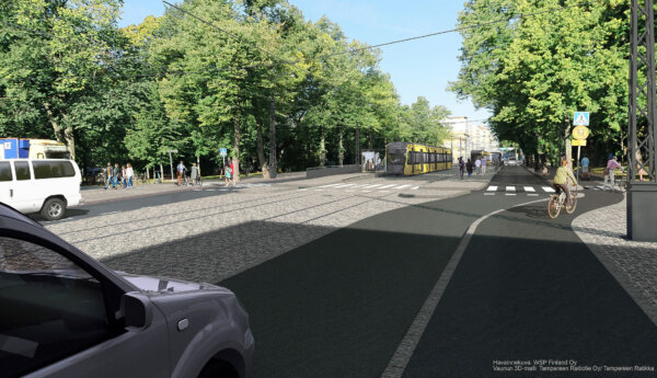Datoranimerad bild av trafik på en flerfilig gata, i mitten av körfälten en gul spårvagn