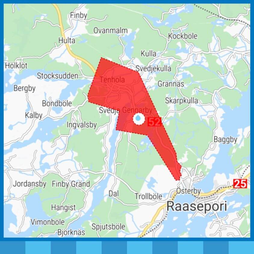 Karta med röd markering av område. 