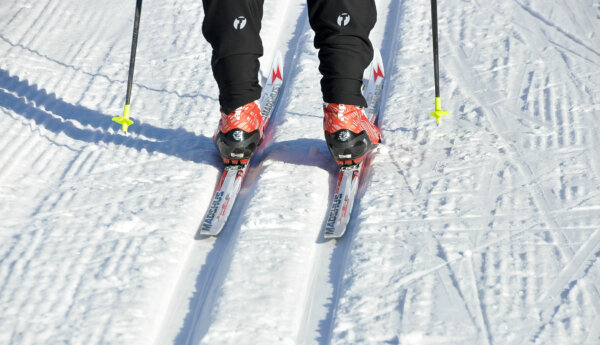 En skidåkare i ett spår, fotad bakifrån