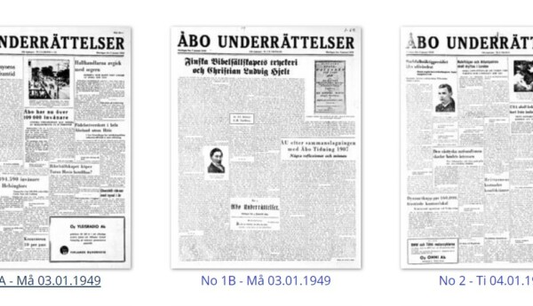 Tre nummer av ÅU från 1949 på Nationalbibliotekets digitala tidningstjänst.