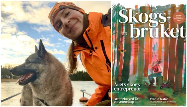 Bildpar: till vänster en kvinna i orange jacka tillsammans med en hund på en brygga, till höger ett tidningsomslag med rubriken "Skogsbruket".