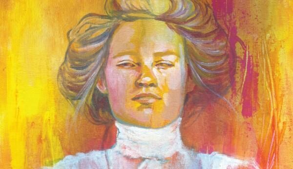 målat porträtt av kvinna med gammaldags frisyr, orange och röd bakgrund