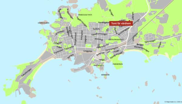 Karta över Hangö med röd skylt för vårdhem.