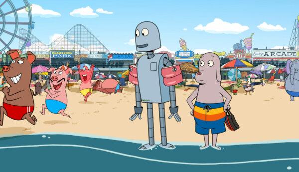 Animerad bild föreställande robot och en hund på en sandstrand