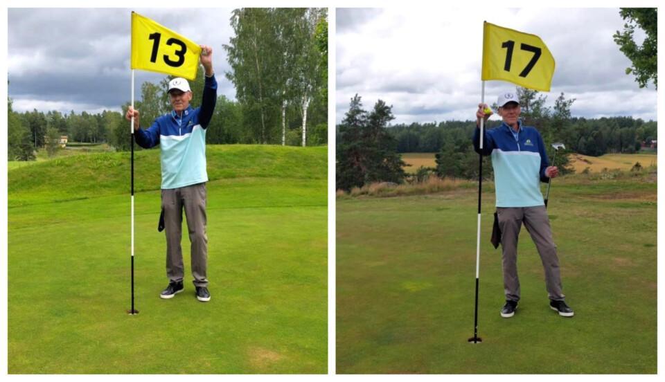 Ett collage med en man som poserar vid två golfhål